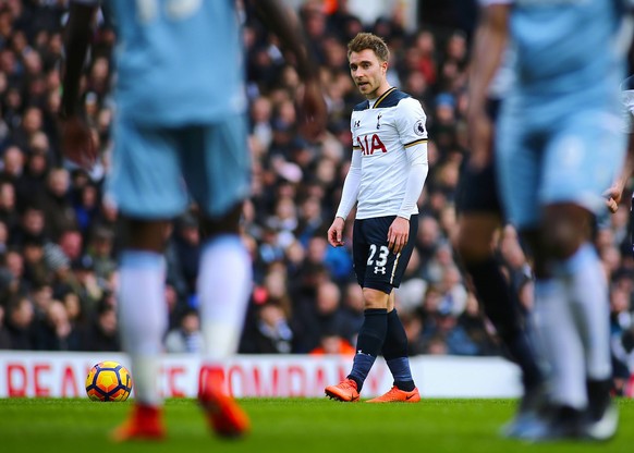 February 26th 2017, White Hart Lane, Tottenham, London, England; Premier League football, Tottenham Hotspur versus Stoke City; Christian Eriksen of Tottenham prepares to take a free kick into the Stok ...