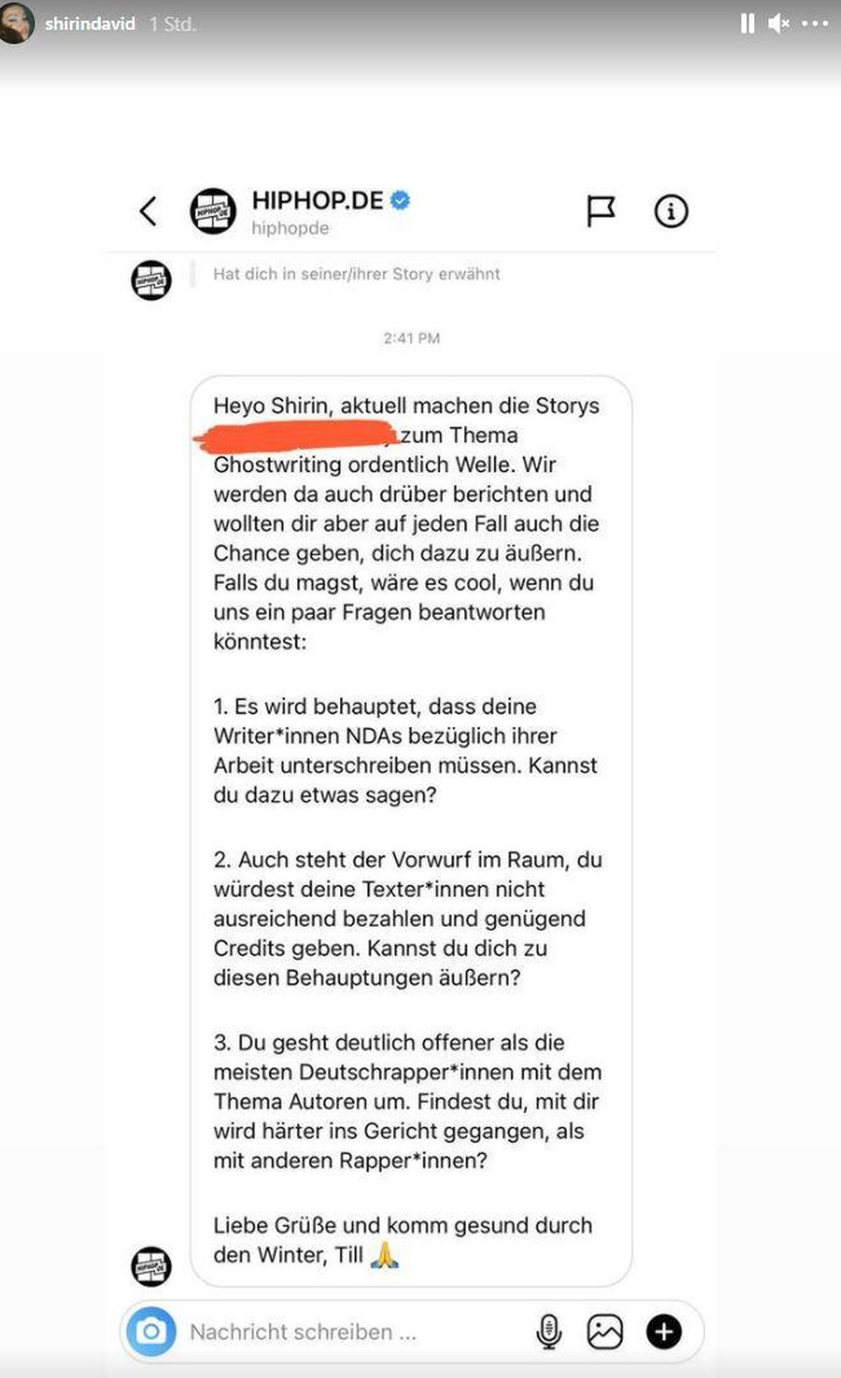 Hier veröffentlicht Shirin die Anfrage von "HipHop.de".