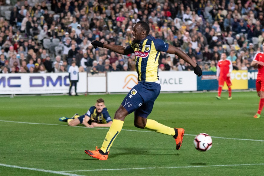 GOSFORD, AUSTRALIA - AUGUST 31: Central Coast Mariners player Usain Bolt (95) at The A-League trial match between the Central Coast Mariners and Central Coast Selecton August 31, 2018 at Central Coast ...