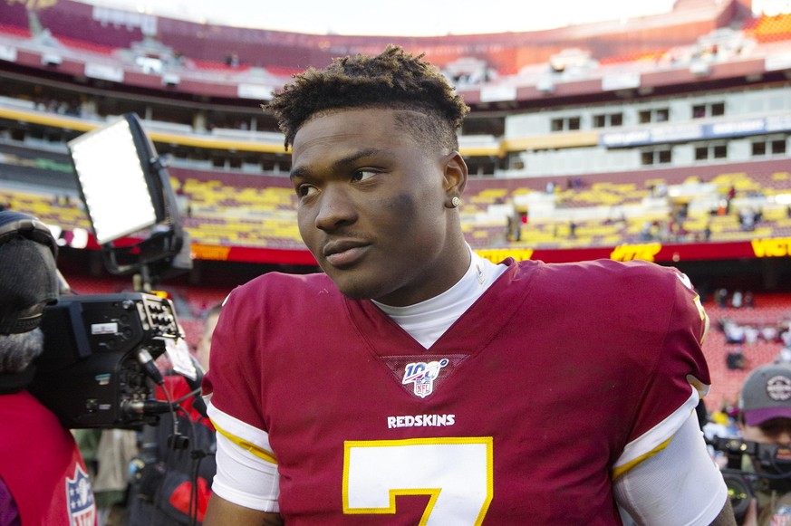 November 24, 2019, Landover, MD, USA: Washington Redskins quarterback Dwayne Haskins Jr. after the Redskins won against the Detroit Lions on Sunday, Nov. 24, 2019 at FedEx Field in Landover, Md. Detro ...