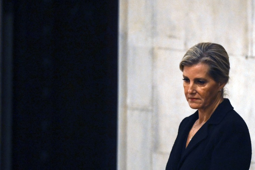 Britain&#039;s Sophie, Countess of Wessex attends a vigil for late Queen Elizabeth II, lying in state on the catafalque in Westminster Hall, at the Palace of Westminster in London, Friday Sept. 16, 20 ...