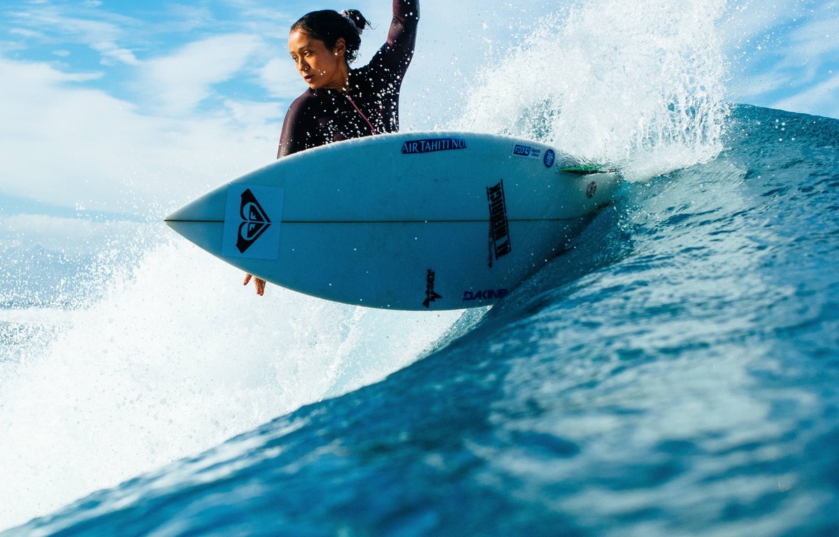 August 10, 2022, Teahupo o, Tahiti, French Polynesia: Vahine Fierro of France during the expression session prior to the commencement of the Outerknown Tahiti Pro at Teahupo o. Teahupo o French Polyne ...