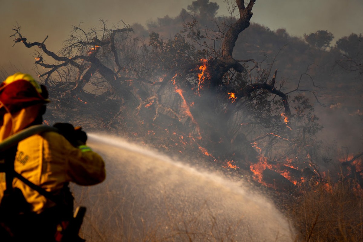 SILVERADO, CA - DECEMBER 03: Costa Mesa firefighter Luke Anderson battles the Santa Ana wind-driven Bond fire burning near a hill-side residence along Santiago Canyon Road in Silverado Thursday, Dec. ...