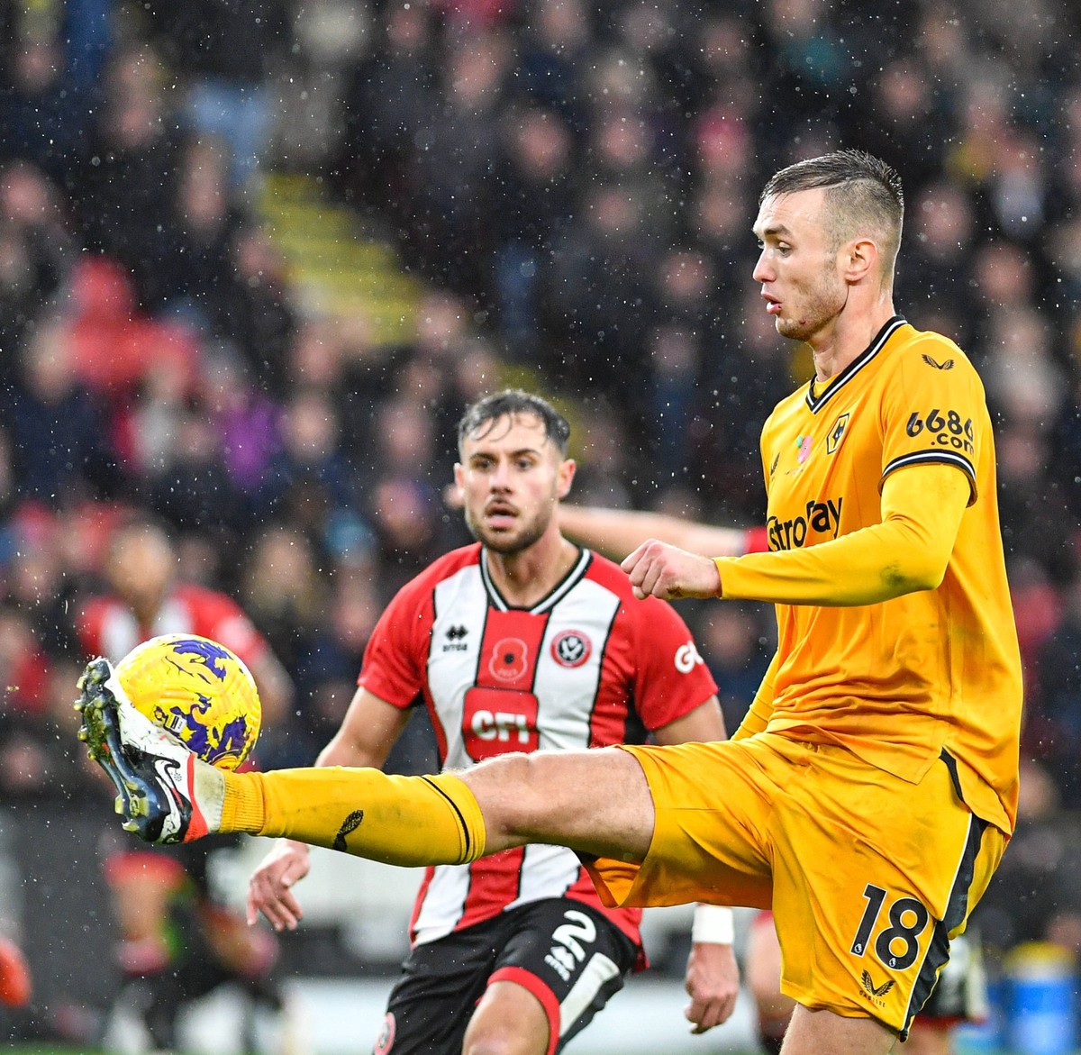 4th November 2023 Bramall Lane, Sheffield, England Premier League Football, Sheffield United versus Wolverhampton Wanderers Sasa Kalajdzic of Wolves controls the high ball PUBLICATIONxNOTxINxUK Action ...