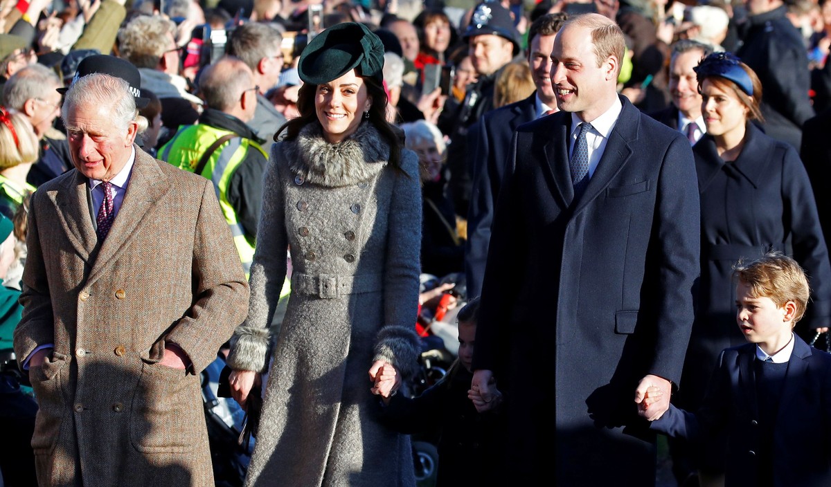 Britain’s Prince Charles, Britain’s Prince William, Catherine, Duchess of Cambridge, Prince George and Princess Charlotte arrive at St Mary Magdalene's church for the Royal Family's Christma ...