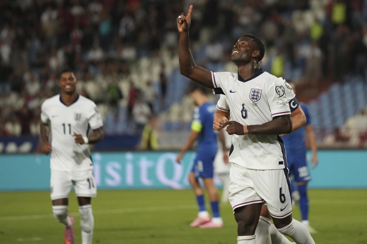 England&#039;s Marc Guehi celebrates after scoring his side&#039;s fourth goal during the World Cup Group K qualifying soccer match between Serbia and England, at the Rajko Mitic Stadium in Belgrade,  ...