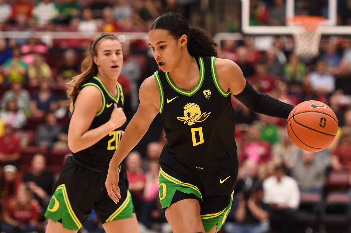 PALO ALTO, CA - FEBRUARY 24: Oregon Ducks forward Satou Sabally 0 and Oregon Ducks guard Sabrina Ionescu 20 during the NCAA, College League, USA women s basketball game between the Oregon Ducks and th ...