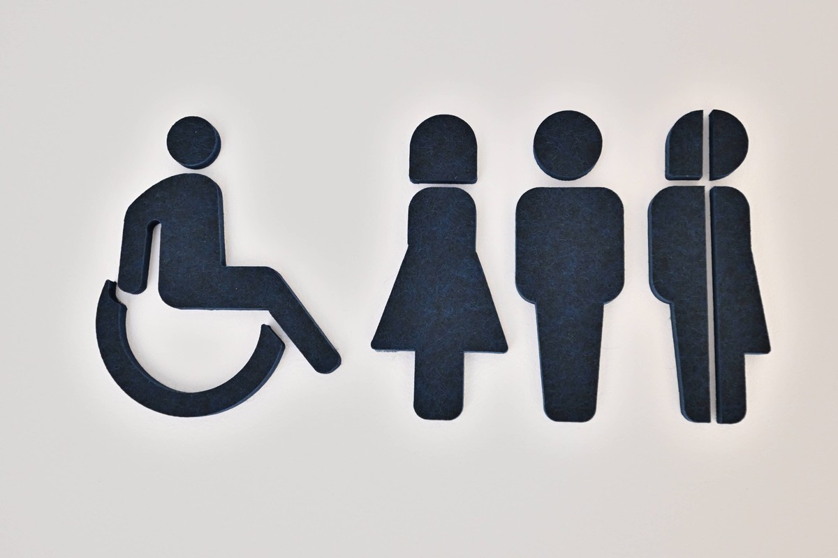 Modernes Toiletten-Piktogramm. Hinweis zur Toilette , hier auch mit dem Piktogramm für intergeschlechtliche Personen. Brüssel Brüssel Belgien *** Modern toilet pictogram notice to the toilet , here al ...