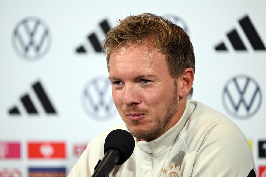 ARCHIV - 16.10.2023, USA, Philadelphia: Fußball: Nationalmannschaft, vor dem Länderspiel gegen Mexiko im Lincoln Financial Field. Deutschlands Bundestrainer Julian Nagelsmann beantwortet die Fragen vo ...