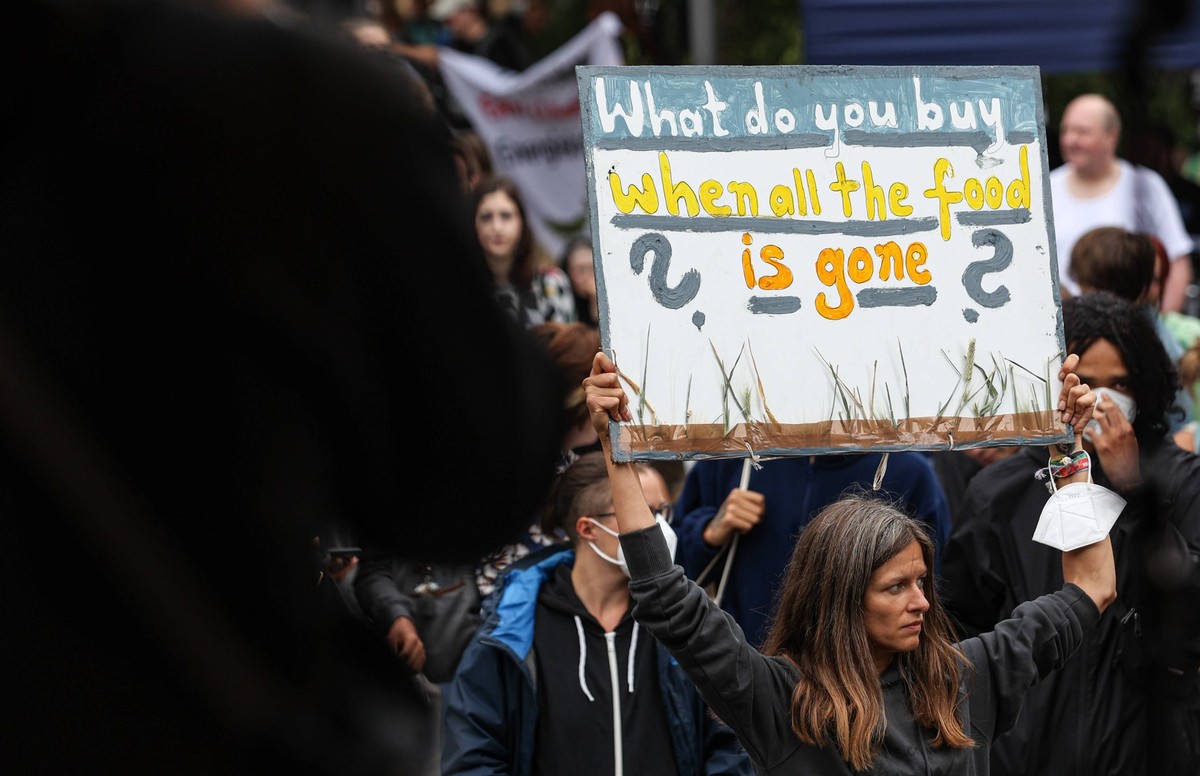 Köln: Enteignen statt Krise eine klimagerechte Zukunft aufbauen Demo Schild: Was kaufst du, wenn es keine Nahrungsmittel mehr gibt -Demonstration: Enteignen statt Krise eine klimagerechte Zukunft aufb ...