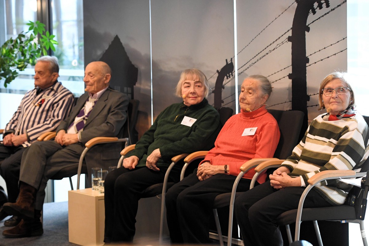 Former prisoners (L-R) Igor Malickij, David Lewin, Kseniia Olkhova, Lidiia Turovskaja and Maria Hoerl attend their meeting before the ceremonies marking the 75th liberation anniversary of the German N ...