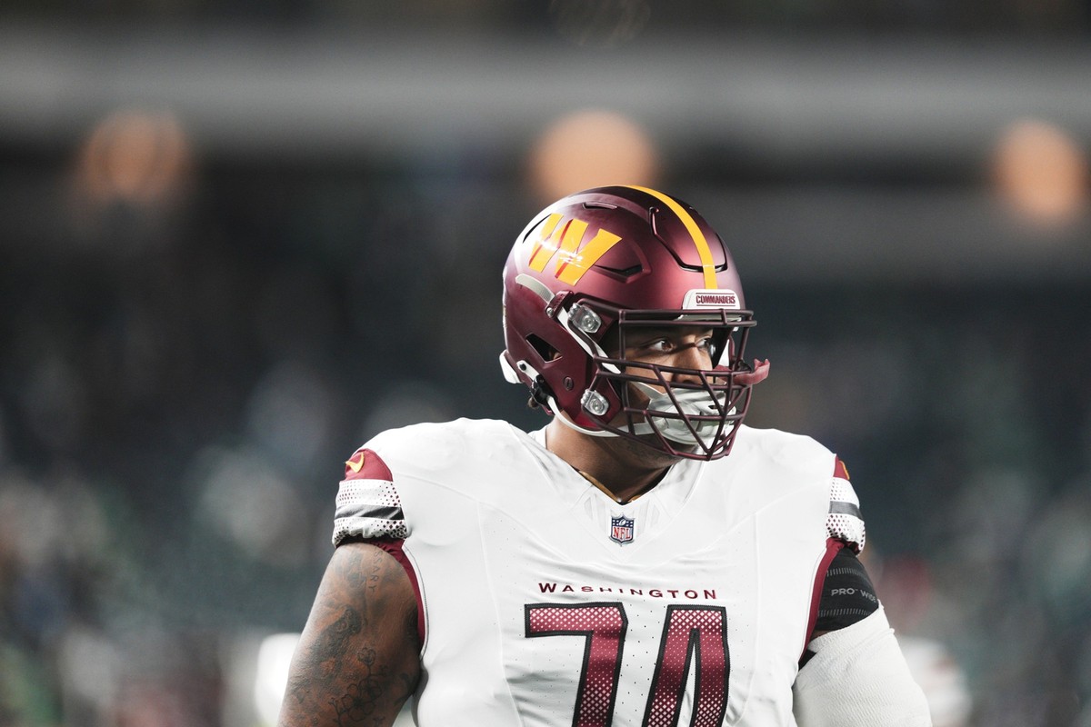 PHILADELPHIA, PA - NOVEMBER 14: Washington Commanders offensive tackle Brandon Coleman 74 looks on during the game between the Philadelphia Eagles and the Washington Commanders on November 14, 2024 at ...