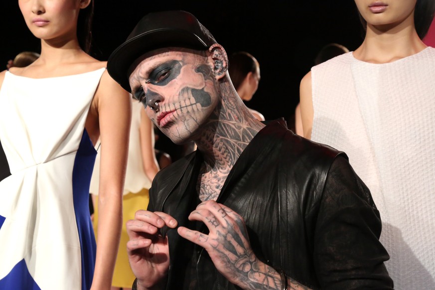 NEW YORK, NY - SEPTEMBER 10: Model Rick Genest poses at the Angel Sanchez Spring 2013 fashion show during Mercedes-Benz Fashion Week at The Box at Lincoln Center on September 10, 2012 in New York City ...