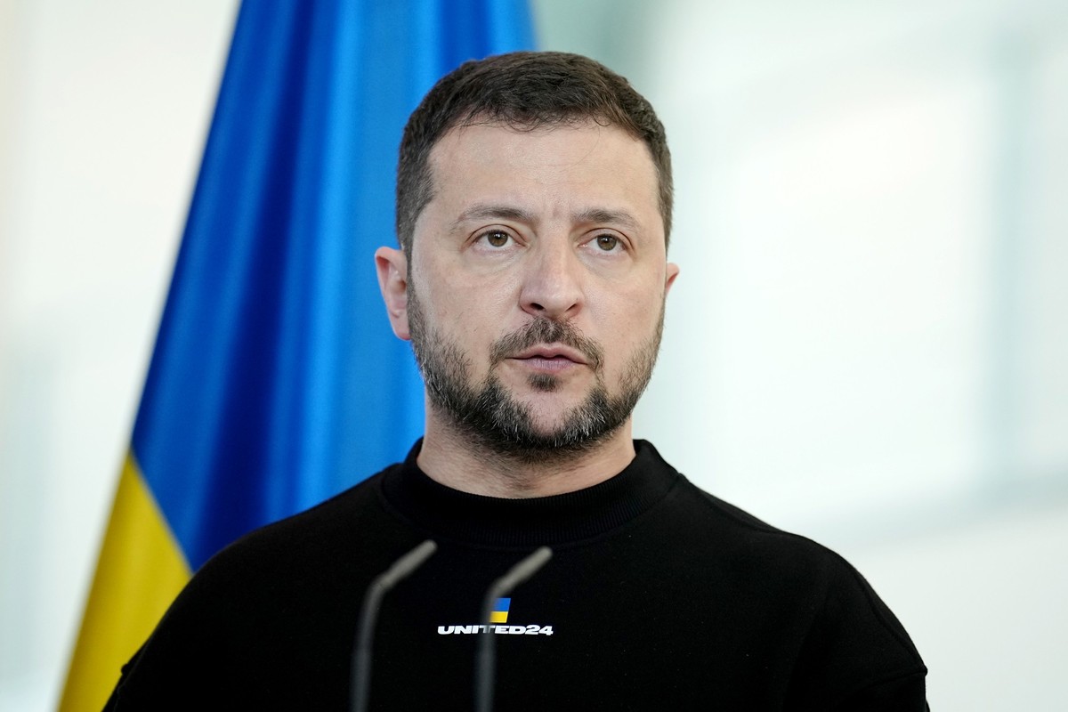 ARCHIV - 14.05.2023, Berlin: Wolodymyr Selenskyj, Präsident der Ukraine äußert sich bei einer Pressekonferenz nach ihrem Gespräch im Bundeskanzleramt. (Illustration zu dpa: &quot;Selenskyj sieht Putin ...