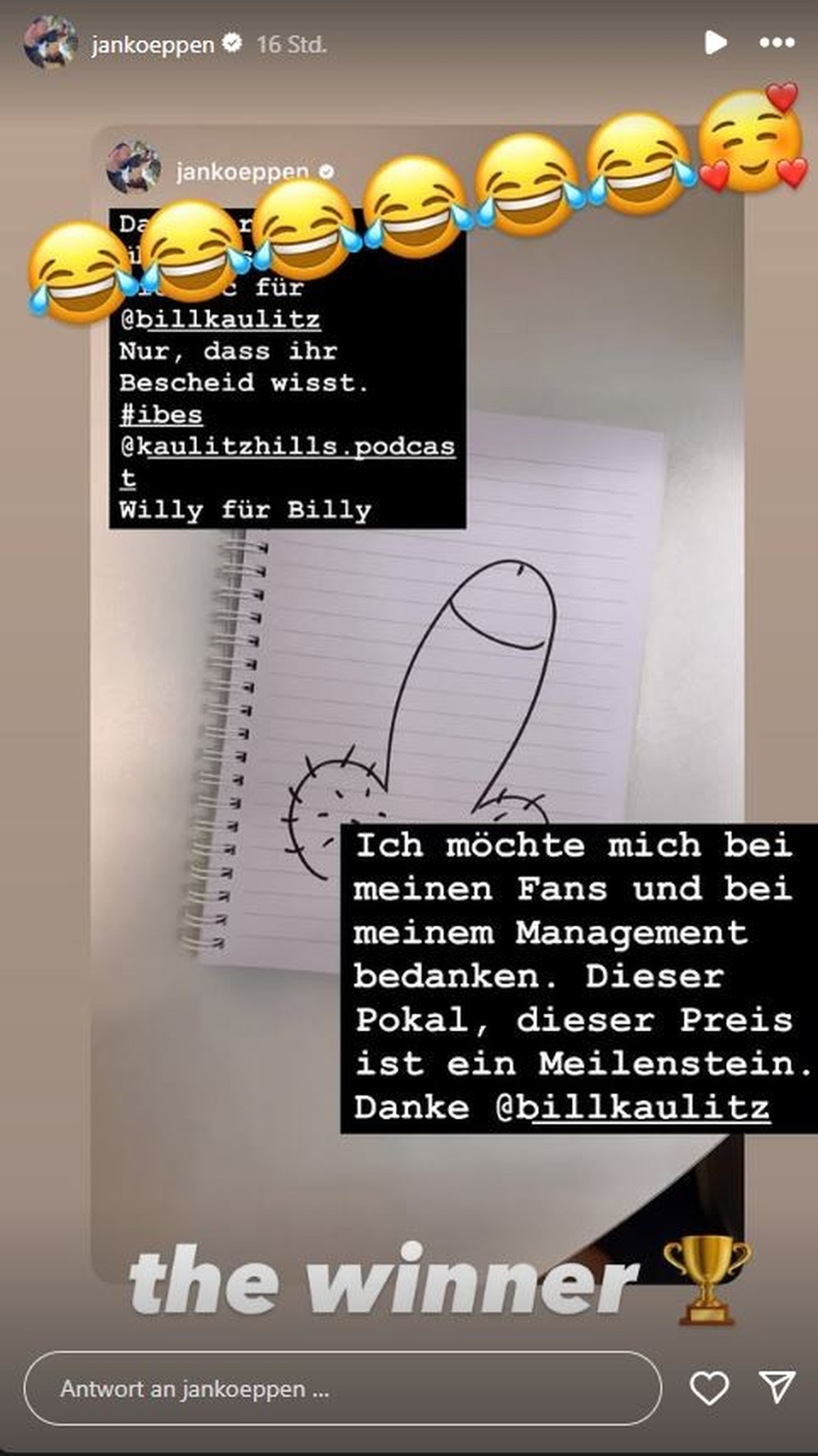 Jan Köppen schickt Bill Kaulitz ein gemaltes Penis-Bild.