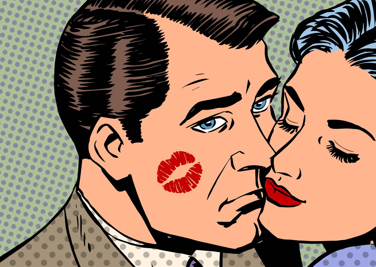 Sad man with traces of a kiss on the face and woman style art po PUBLICATIONxINxGERxSUIxAUTxONLY Copyright: xstudiostoksx Panthermedia14304073