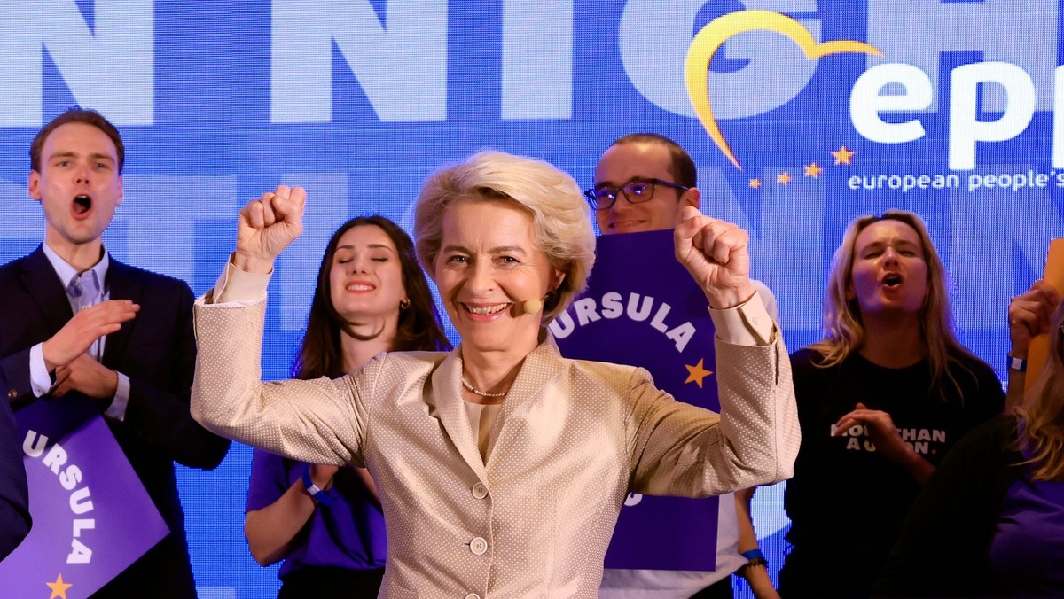 FILE - Lead candidate for the European Commission, current European Commission President Ursula von der Leyen poses during an event at the European People&#039;s Party headquarters in Brussels, Sunday ...