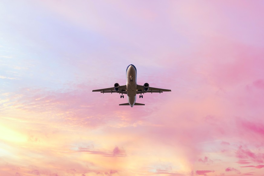 Landing airplane on the pastel colored sky background. Sunset sky in the pink and blue colors &quot;n