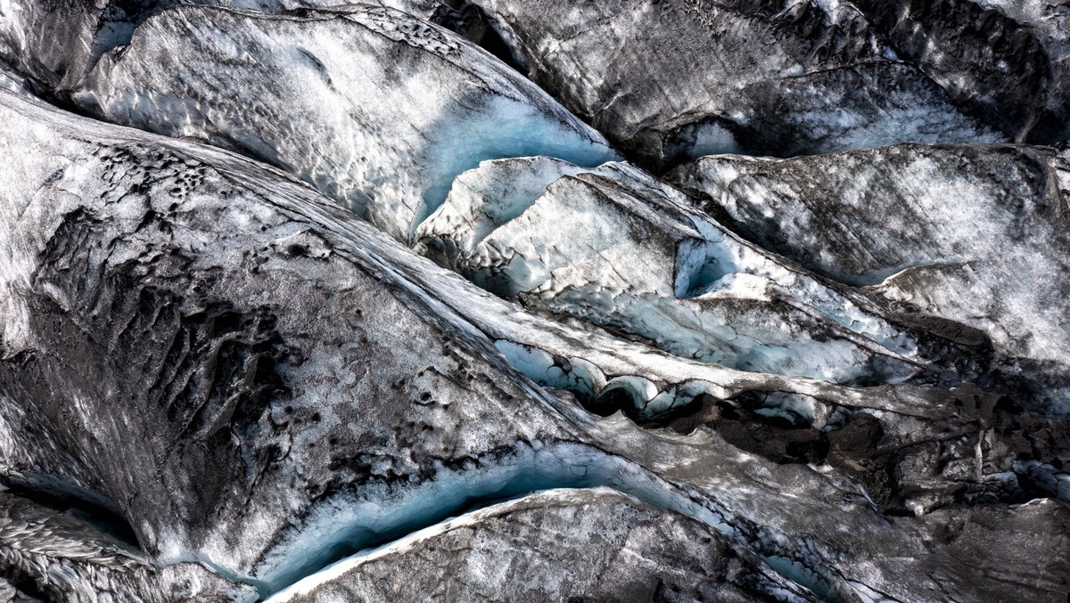 Gletscherzunge und Eisdetails, Sólheimajökull, Luftaufnahme, Südisland, Island, Europa *** Glacier tongue and Ice details, Sólheimajökull, Aerial view, South Iceland, Iceland, Europe Copyright: imageB ...