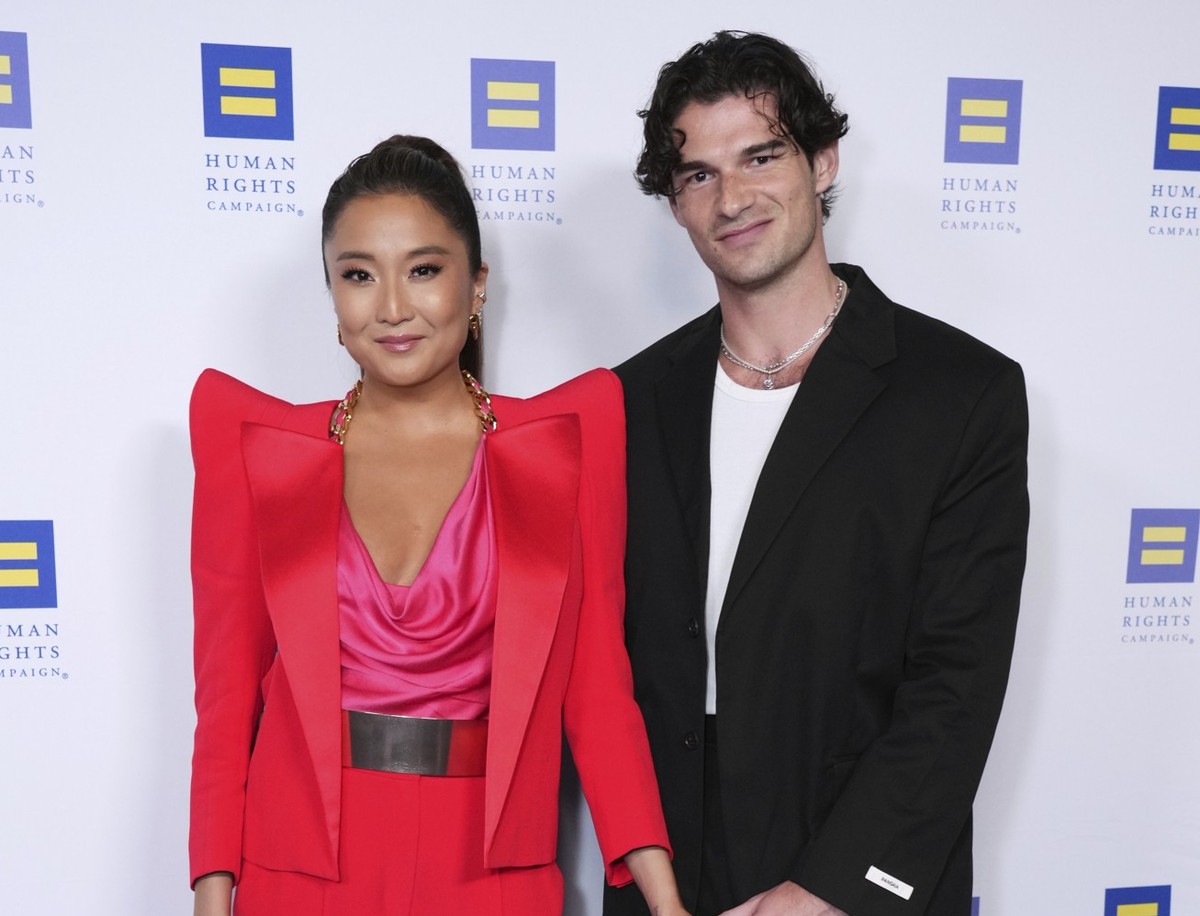 Ashley Park and Paul Forman arrive at the Human Rights Campaign&#039;s dinner on Saturday, March 22, 2025, at Fairmont Century Plaza in Los Angeles. (Photo by Jordan Strauss/Invision/AP)
