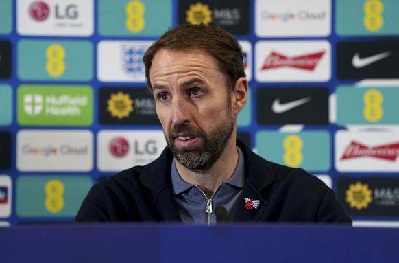 England's manager Gareth Southgate speaks during England's World Cup 2022 squad announcement at St George's Park, Burton upon Trent, England, Thursday Nov. 10, 2022. (Nick Potts/PA via AP)