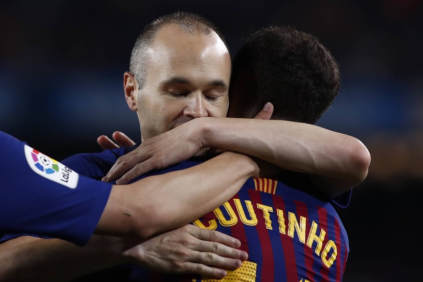 20th May 2018, Camp Nou, Barcelona, Spain; La Liga football, Barcelona versus Real Sociedad; Andres Iniesta of FC Barcelona Barca and Philippe Coutinho of FC Barcelona celebrates the goal from Coutinh ...