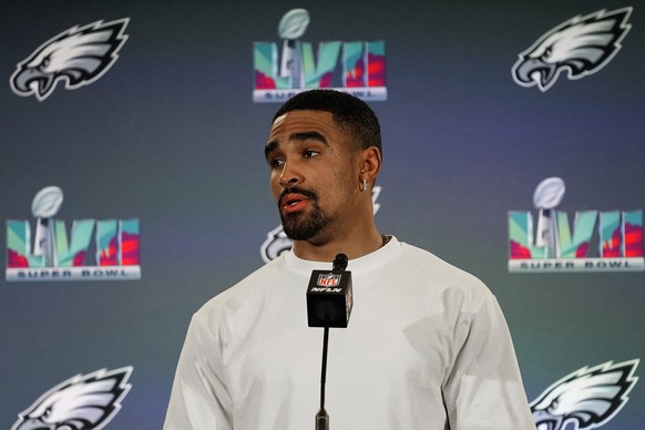 Philadelphia Eagles quarterback Jalen Hurts speaks during an NFL football Super Bowl team availability, Wednesday, Feb. 8, 2023, in Phoenix. The Eagles will face the Kansas City Chiefs in Super Bowl 5 ...