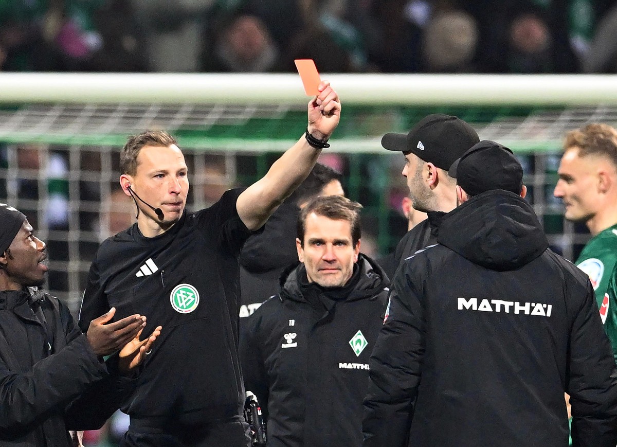 dpatopbilder - 31.01.2025, Bremen: Fußball: Bundesliga, Werder Bremen - FSV Mainz 05, 20. Spieltag, Weserstadion. Schiedsrichter Martin Petersen (2.v.l) zeigt Werder Trainer Ole Werner (3.v.r) nach de ...