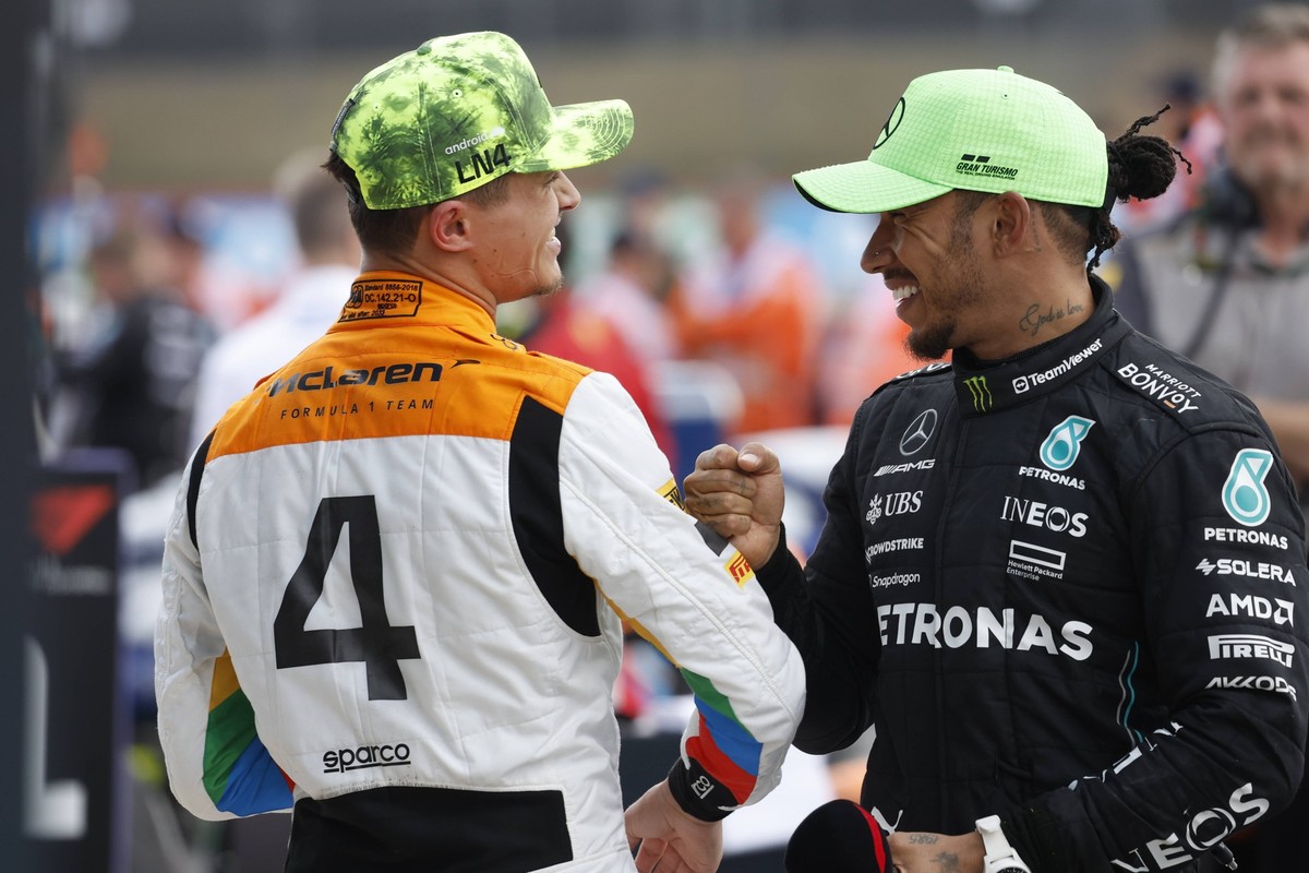 RECORD DATE NOT STATED Formula 1 2023: British GP SILVERSTONE CIRCUIT, UNITED KINGDOM - JULY 09: Lando Norris, McLaren, 2nd position, and Sir Lewis Hamilton, Mercedes-AMG, 3rd position, in Parc Ferme ...