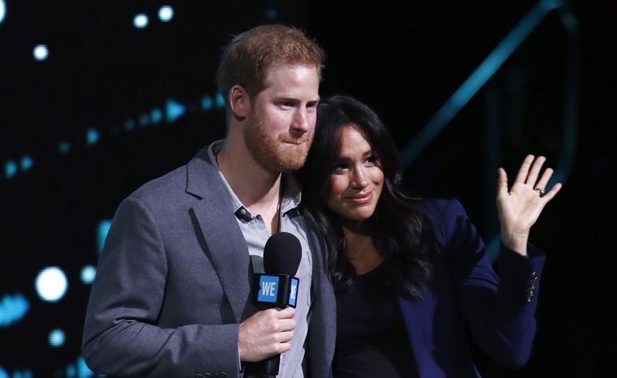 LONDON, ENGLAND - MARCH 06: Prince Harry, Duke of Sussex and Meghan, Duchess of Sussex speak on stage during WE Day UK 2019 at The SSE Arena on March 06, 2019 in London, England. (Photo by John Philli ...