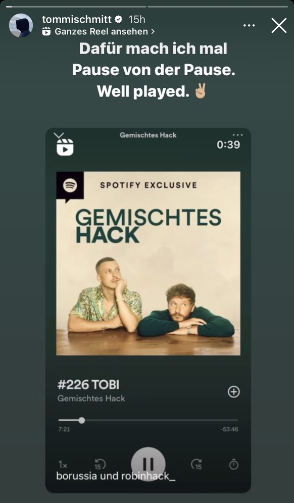 Tommi Schmitt teilt die Podcast-Folge nochmal in seiner Story auf Instagram.