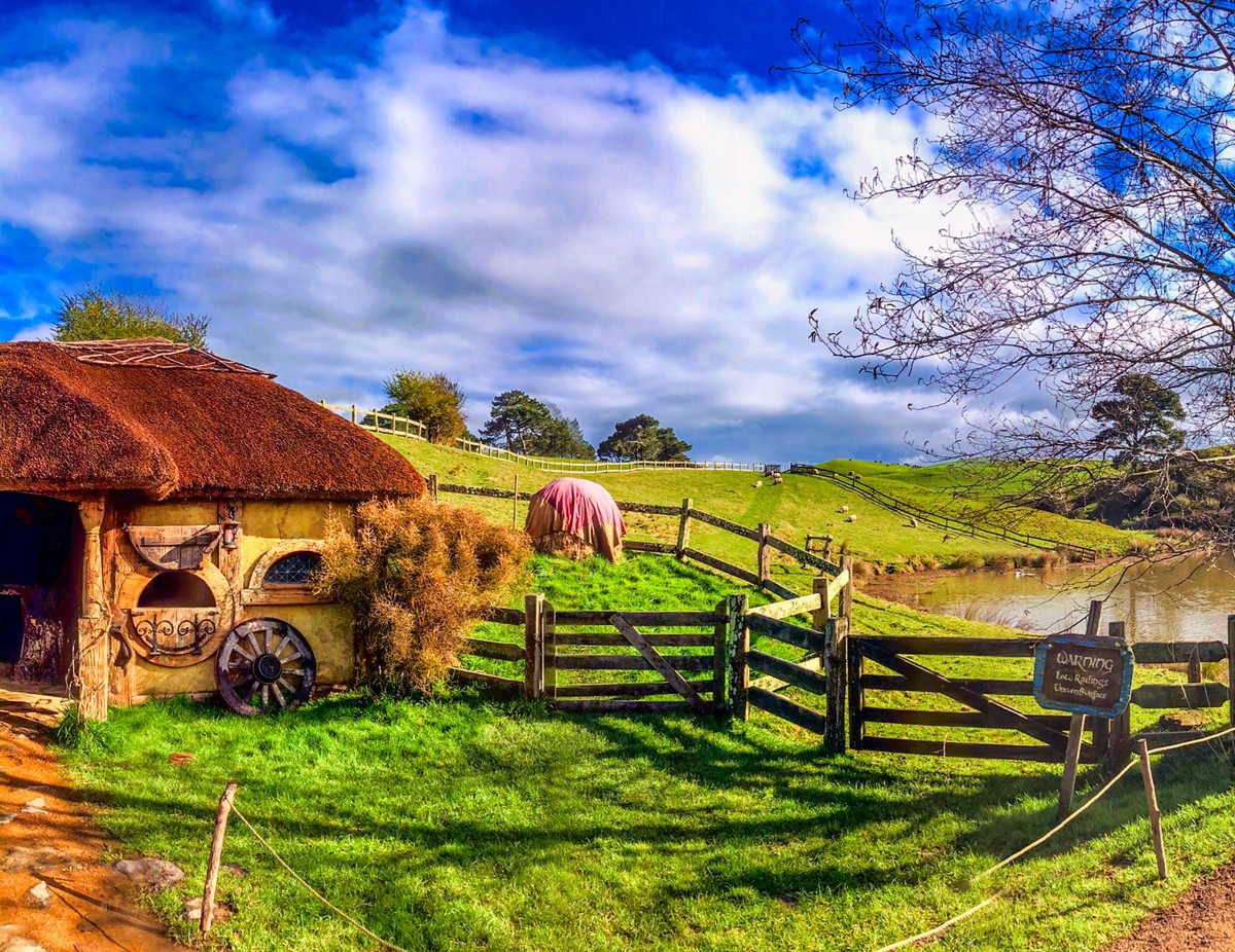 Hobbiton, New Zealand - August 29, 2018: Panoramic aerial view of Hobbiton Village, the place where hobbits live in their holes.