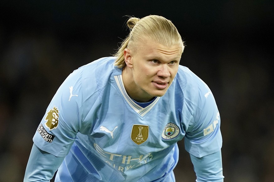 Manchester City&#039;s Erling Haaland reacts during the English Premier League soccer match between Manchester City and Burnley at the Etihad Stadium in Manchester, Wednesday, Jan. 31, 2024.(AP Photo/ ...
