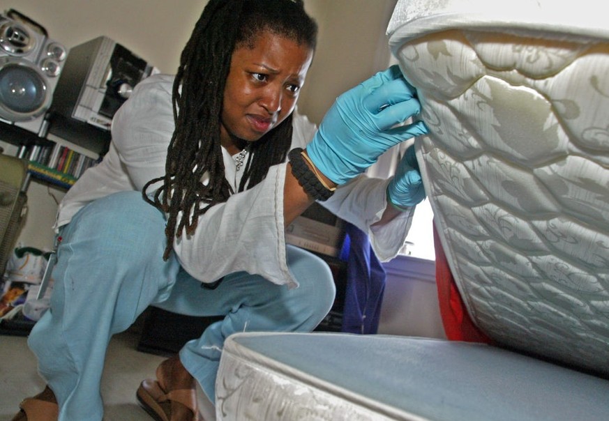 (08/13/2005 - Boston, MA) BED BUG BUSTER - I.S.D. inspector Indira Alvarez examines the seams of a mattress in an apartment on Linden St. in Allston for bed bugs. (081305bugjw - Staff photo by John Wi ...