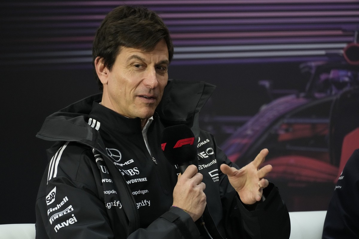 Mercedes team principal Toto Wolff talks during a press conference during a Formula One pre-season test at the Bahrain International Circuit in Sakhir, Bahrain, Thursday, Feb. 27, 2025. (AP Photo/Dark ...