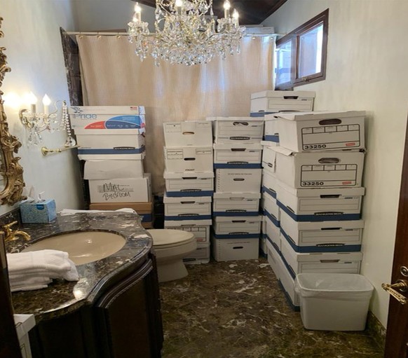 This image, contained in the indictment against former President Donald Trump, shows boxes of records stored in a bathroom and shower in the Lake Room at Trump&#039;s Mar-a-Lago estate in Palm Beach,  ...