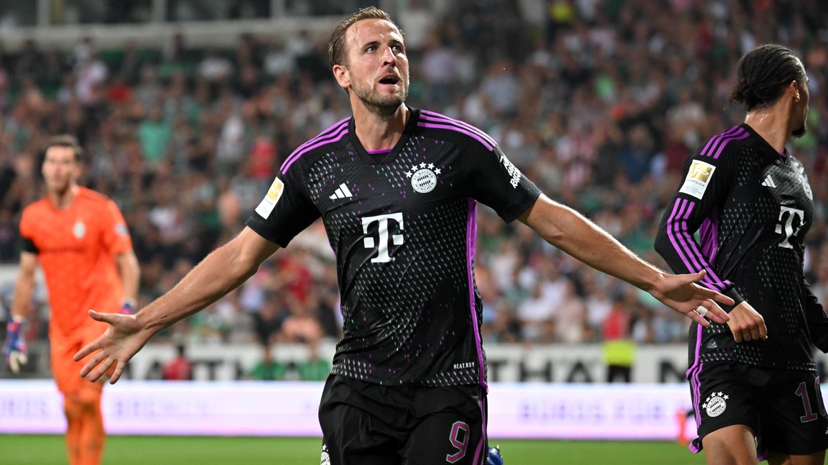 230819 -- BREMEN, Aug. 19, 2023 -- Harry Kane of FC Bayern Munich celebrates scoring during the first division of bundesliga 1st round match between SV Werder Bremen and FC Bayern Munich in Bremen, Ge ...