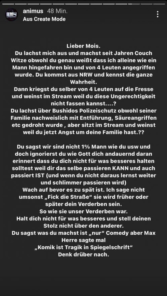 Animus zeigt in seinem Instagram-Statement zu Mois kein Verständnis für den Youtuber.