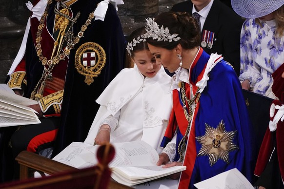 Princess Charlotte and Kate, Princess of Wales, at the coronation ceremony of King Charles III and Queen Camilla in Westminster Abbey, in Westminster Abbey, London, Saturday May 6, 2023. (Yui Mok, Poo ...
