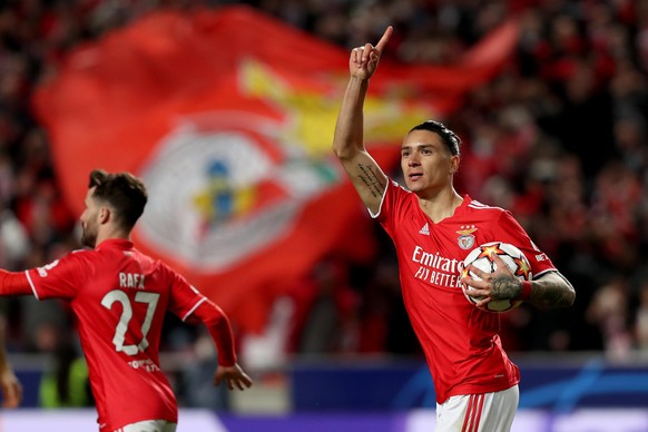 Darwin Nunez of SL Benfica celebrates after scoring a goal during the UEFA Champions League Quarter Final Leg One football match between SL Benfica and Liverpool FC at the Luz stadium in Lisbon, Portu ...