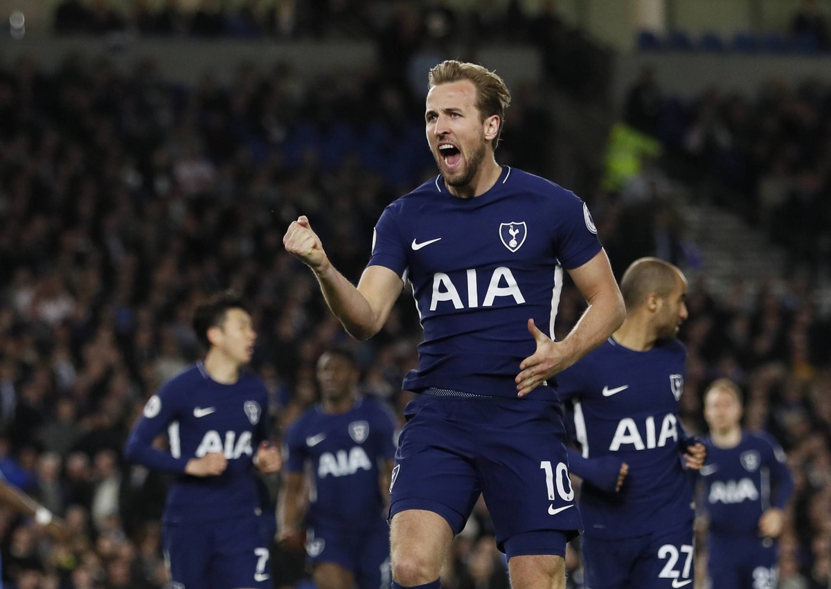 Harry Kane of Tottenham celebrates scoring the first goal during the premier league match at the Amex Stadium, London. Picture date 17th April 2018. Picture credit should read: David Klein/Sportimage  ...