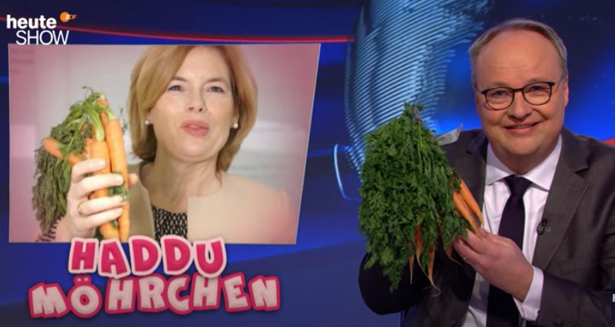 Möhren in der "heute-show": Oliver Welke knüpfte sich Julia Klöckner (Bundesministerin für Ernährung und Landwirtschaft) und ihre Haltung zum Lobbyismus vor.