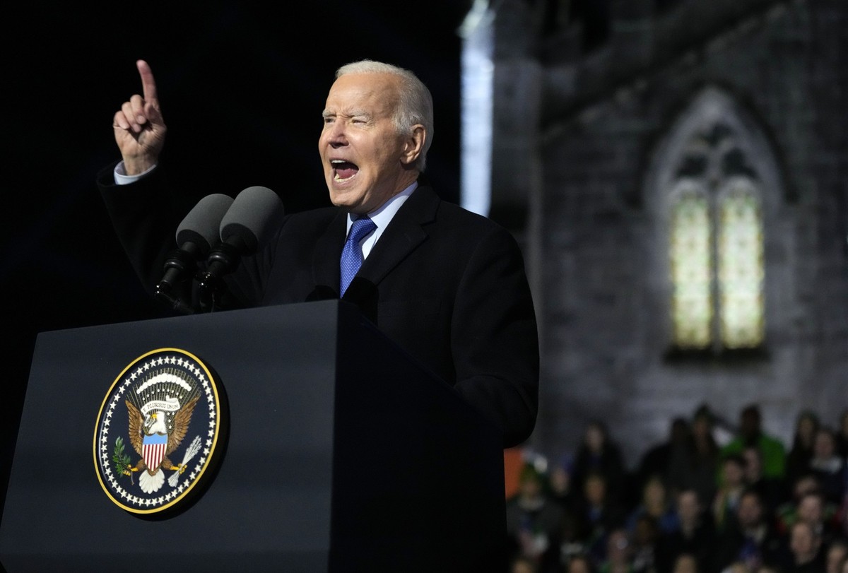 President Joe Biden speaks outside St. Muredach&#039;s Cathedral in Ballina, Ireland, Friday, April 14, 2023. (AP Photo/Patrick Semansky)