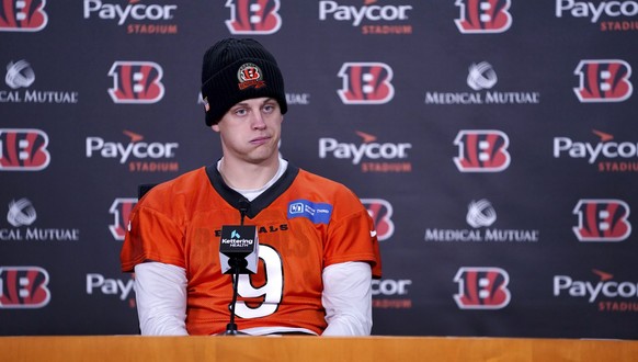 Cincinnati Bengals quarterback Joe Burrow speaks with the media, Wednesday, Jan. 4, 2023, in Cincinnati. Damar Hamlin was taken to the hospital after collapsing on the field during the Bill&#039;s NFL ...