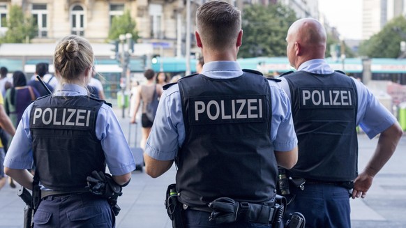 Frankfurt am Main, Germany - July 25 2019: German Police Officers near Central Railway Station in Frankfurt, Germany.