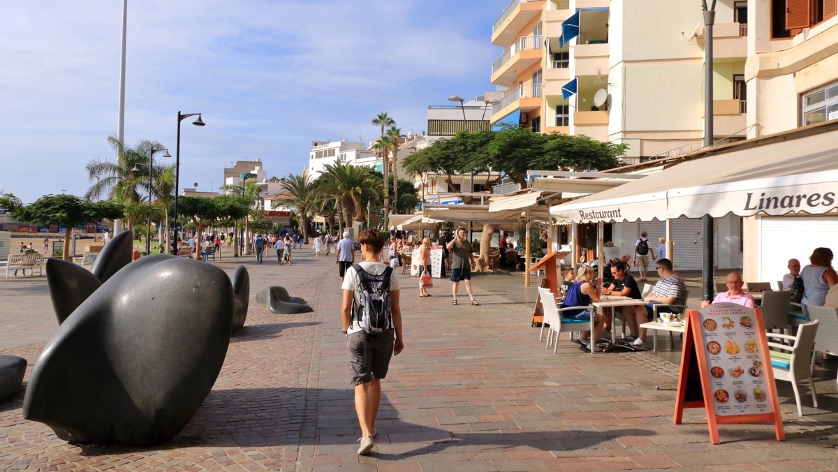 November 22 2021 - Los Cristianos, Tenerife, Canaries: a Busy street in resort town of Tenerife Island