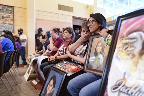 August 1, 2022, San Antonio, Texas, USA: ANA RODRIGUEZ, right, mother of Maite Rodriguez, who died in a school shooting in Uvalde on May 24, and BERLINDA ARREOLA, grandmother of Amerie Jo Garza, who a ...