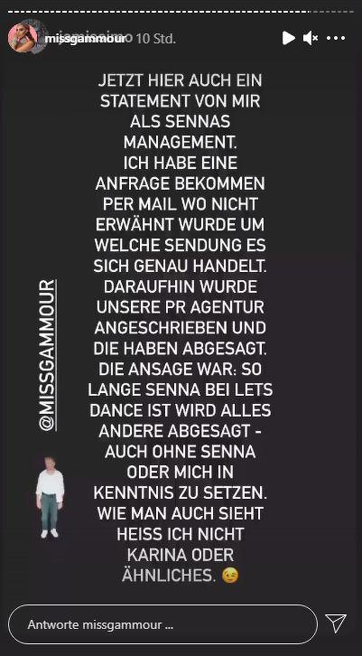 Auch das Management von Senna Gamour schaltete sich in die Diskussion ein.