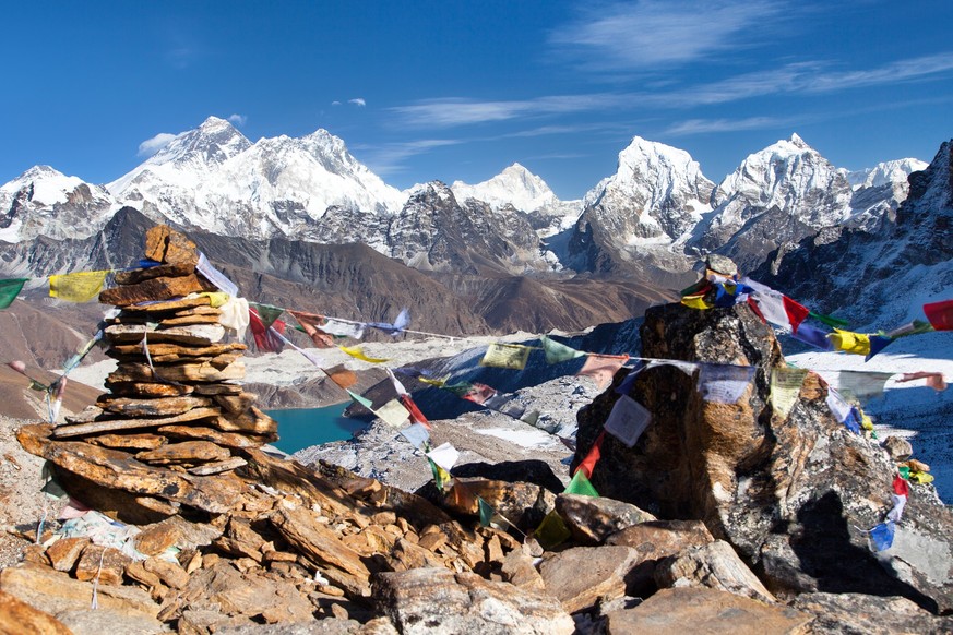view of Mount Everest, Lhotse and Makalu with buddhist prayer flags, Mount Everest seen from Renjo La pass - Nepal himalaya mountain, Khumbu valley