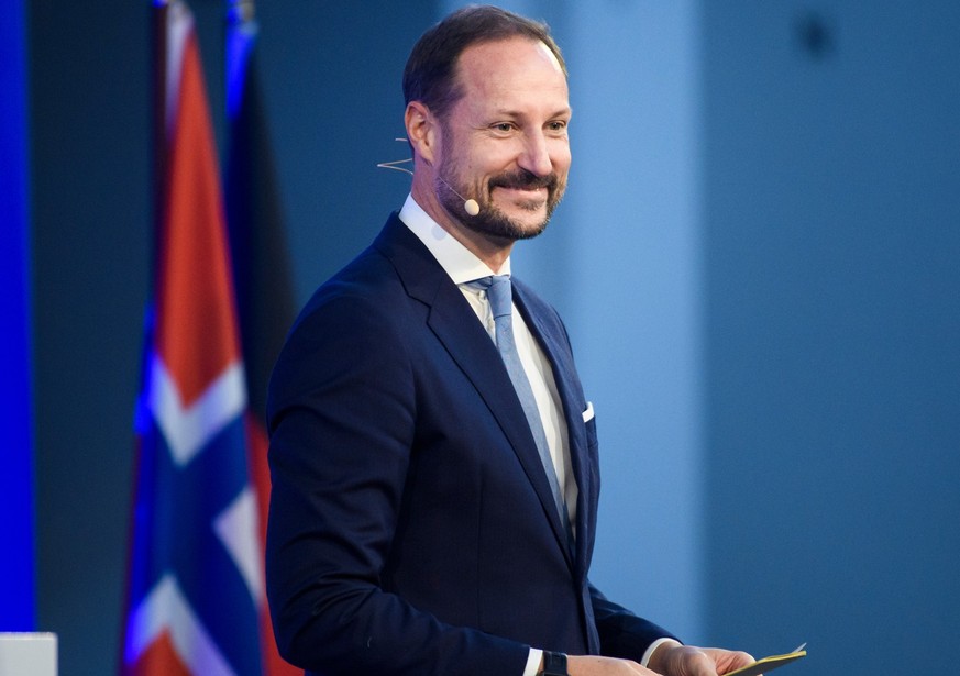 HAMBURG, GERMANY - NOVEMBER 8: Crown Prince Haakon of Norway is speaking during the Norwegian German Business Summit on November 8, 2023 in Hamburg, Germany. HRH Crown Prince Haakon pays an official v ...